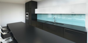 Black and white kitchen. Glass splashback
